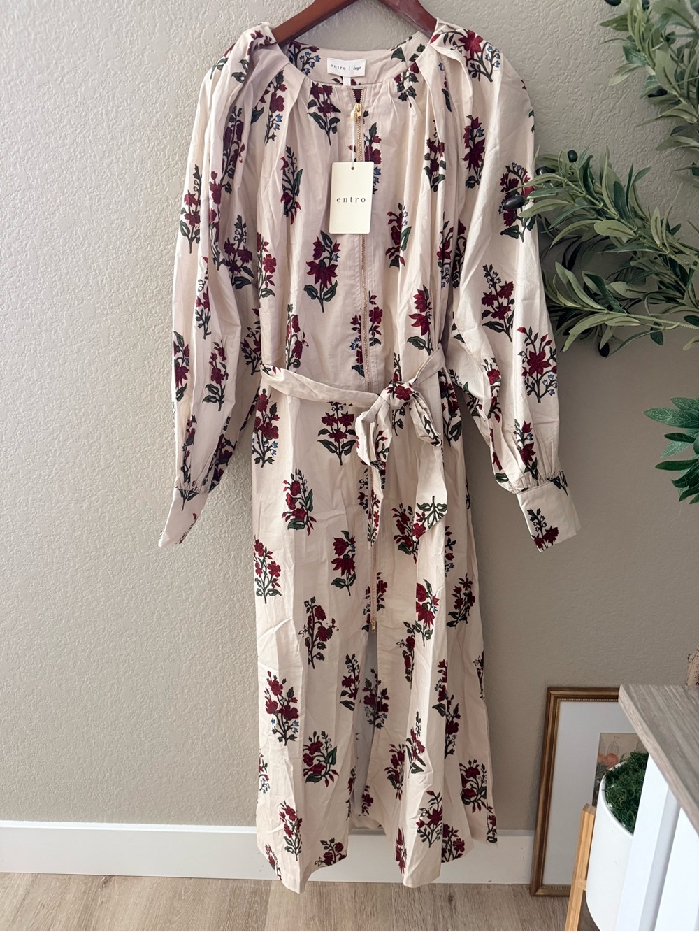 entro Cream Floral Tie-Waist Jumpsuit with Burgundy Print